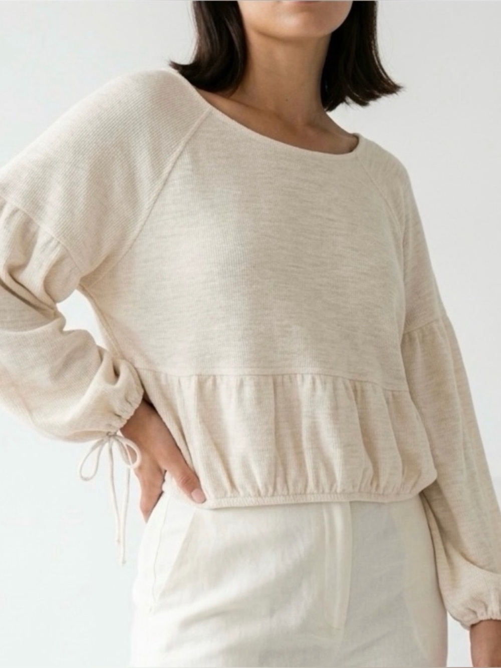 aerie Boho Endless Summer Drawstring Peplum Cream Shirt Size Large